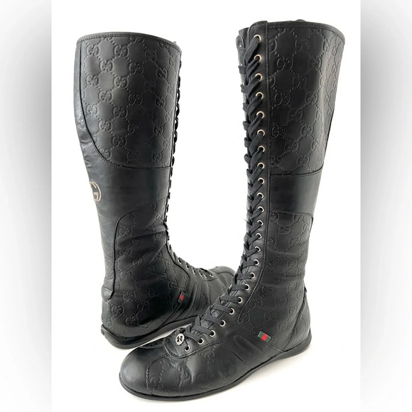 Gucci Shoes - GUCCI || RARE Tall Lace Up GG Guccissima Black Leather Boxer Style Boots US 7